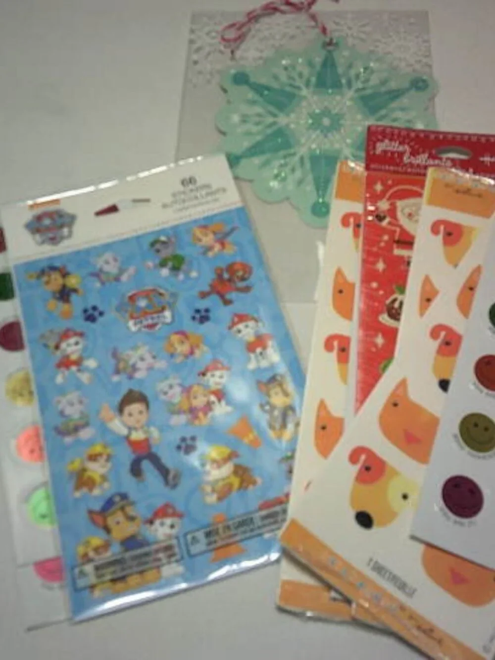 NEW LOT HALLMARK STICKERS & HANGING NORTHPOLE ORNAMENT CARD & PAW PATROL TEACHER